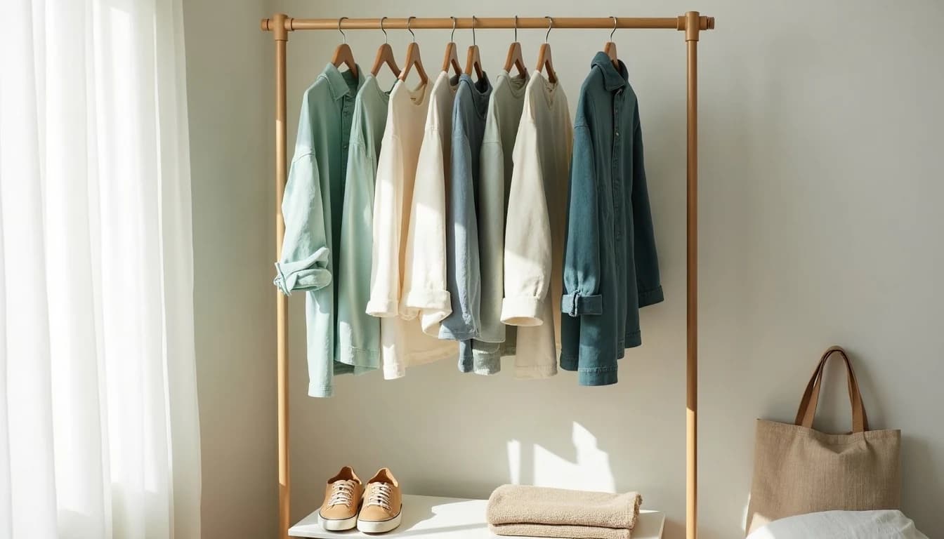 A thoughtfully collected clothing rail in soft aqua, cream and teal, lit by morning sunlight