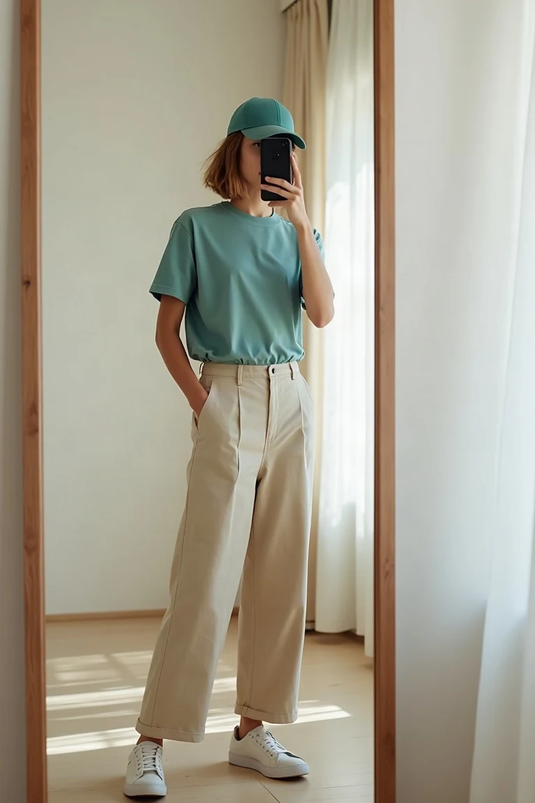A mirror selfie showing a teal cap, aqua tee, beige trousers and matching cream sneakers